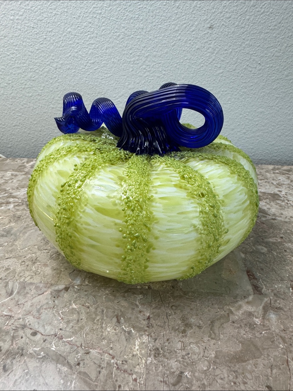 Handblown art Glass Pumpkin lime Green with Cobalt Stem
